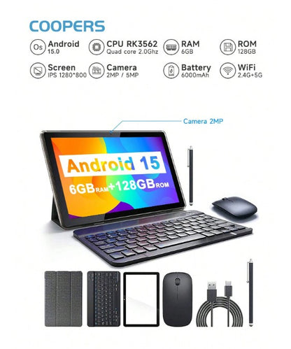 Coopers YQ10S Max Android 15 タブレット 10インチ, RK3562 4コア 2.0Ghz/6GB RAM 128GB ROM/2.4G+5G WiFi+WiFi 6/BT 5.0/FHD IPS ディスプレイ/200万+500万画素 デュアルカメラ/Type-C/6000mAh/1TB SDカード拡張対応/キーボード、マウス、スタイラス、保護ケース、保護フィルム付属(アダプター無し)