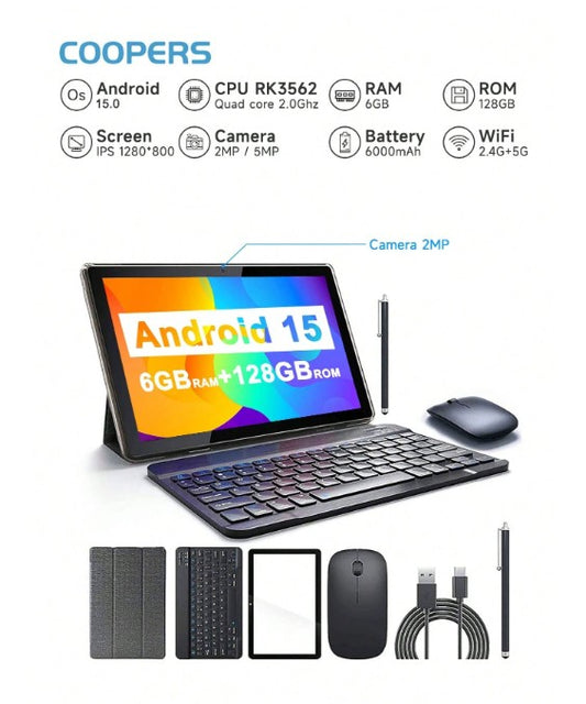 Coopers YQ10S Max Android 15 タブレット 10インチ, RK3562 4コア 2.0Ghz/6GB RAM 128GB ROM/2.4G+5G WiFi+WiFi 6/BT 5.0/FHD IPS ディスプレイ/200万+500万画素 デュアルカメラ/Type-C/6000mAh/1TB SDカード拡張対応/キーボード、マウス、スタイラス、保護ケース、保護フィルム付属(アダプター無し)