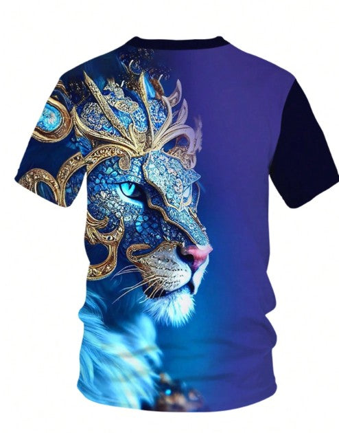 メンズ ブルー 背景 3Dゴールド フローラル ライオン柄 半袖Tシャツ&ショーツ 2点セット カジュアルスーツ