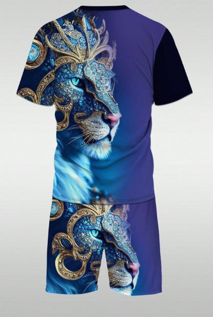 メンズ ブルー 背景 3Dゴールド フローラル ライオン柄 半袖Tシャツ&ショーツ 2点セット カジュアルスーツ